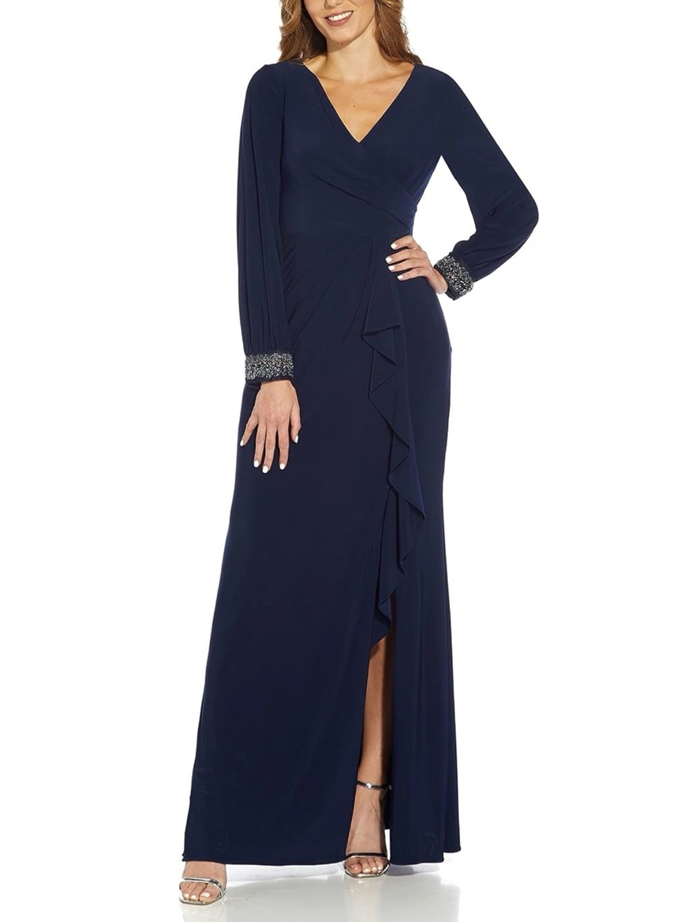 Adrianna Papell Navy Long Sleeve Evening Gown Beaded Cuffs Size 14W, 16W NEW